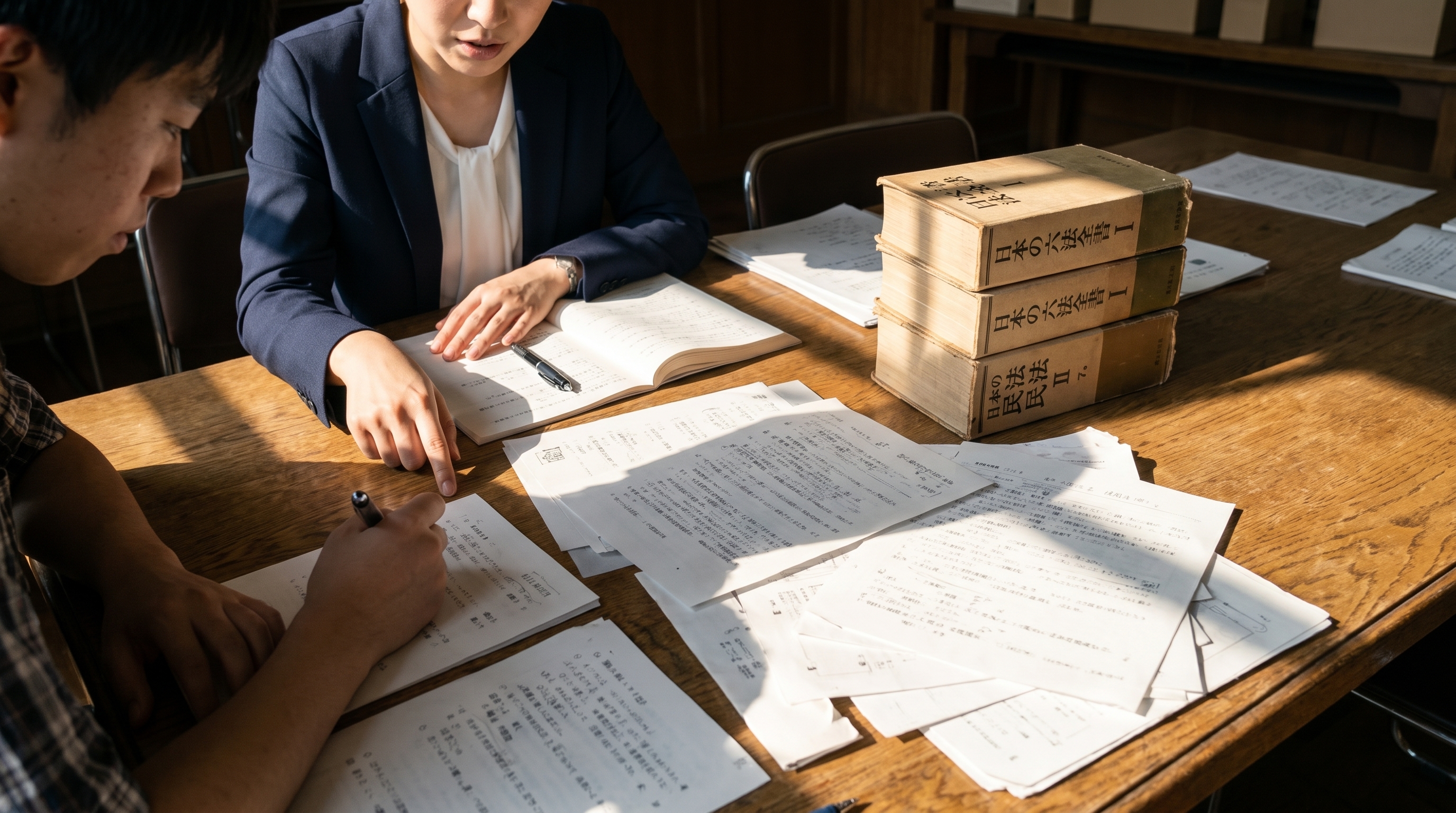 予備試験合格者とともに起案に取り組む合宿の様子（六法と多数の起案）